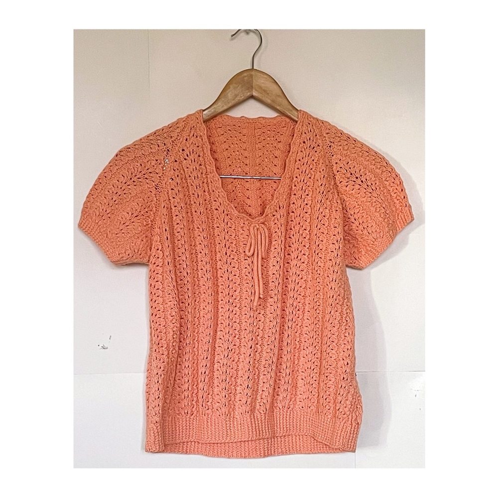 Handknit Vintage Knit Short Sleeve Top Coral Bow